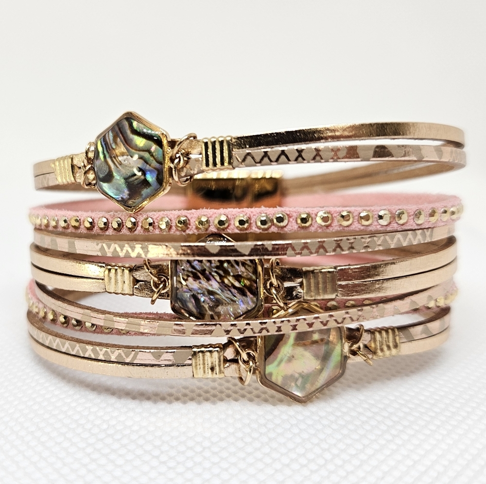 Leather magnetic buckle bracelet pink abalone shell